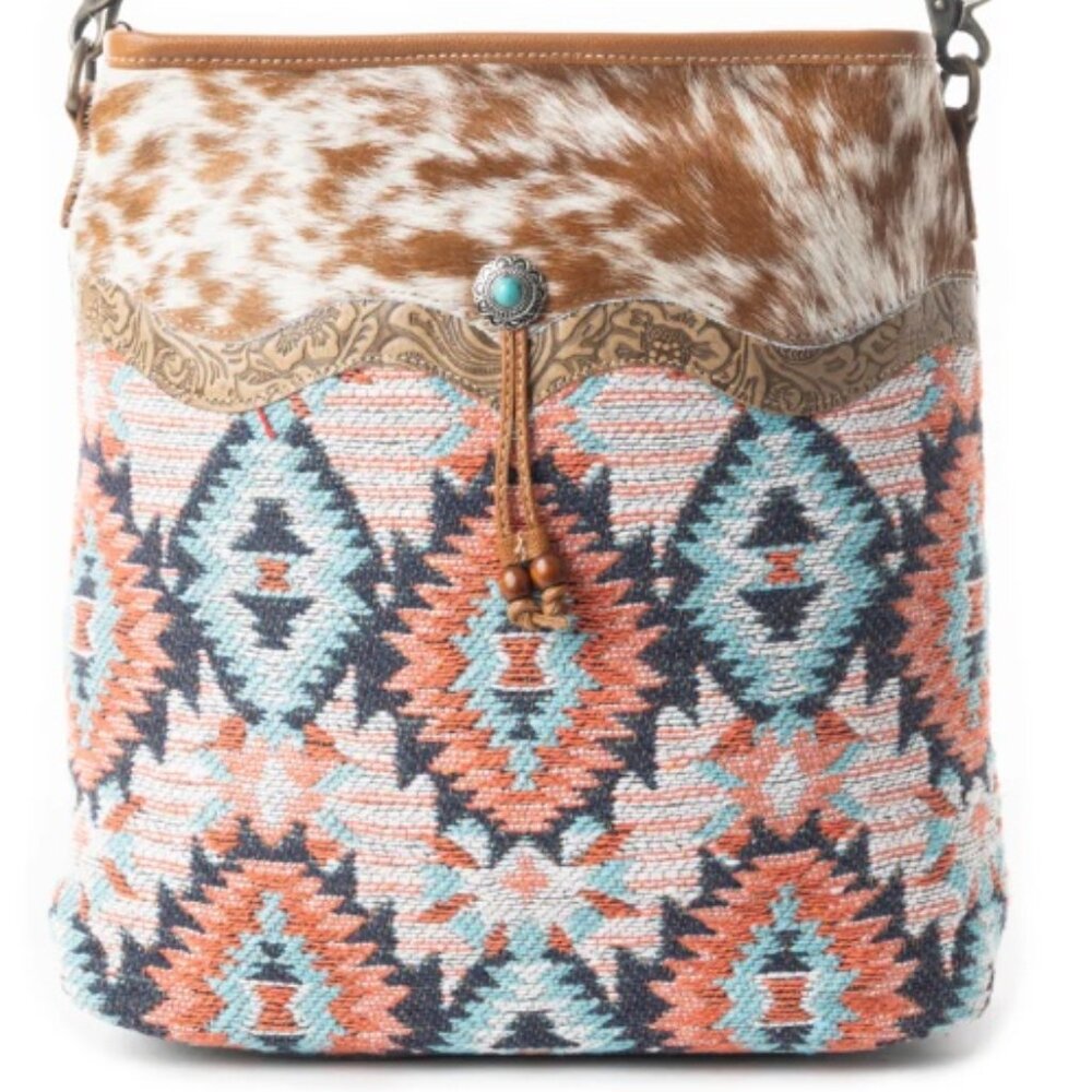 Myra Bag Genuine Leather Cotton Rug and Canvas "Purpose" Shoulder Bag - NEW